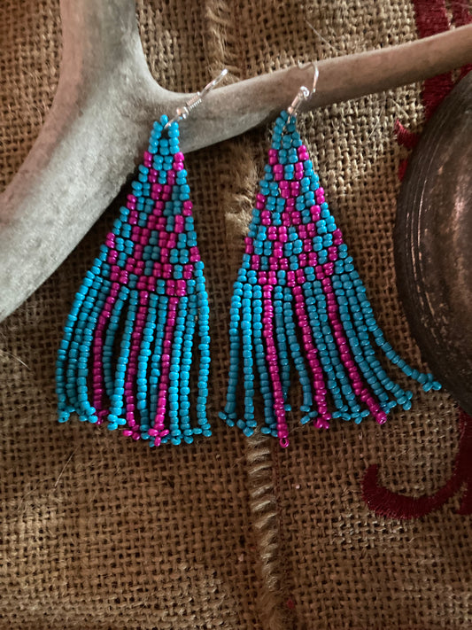 Fancy hot pink and turquoise hand beaded glass beads